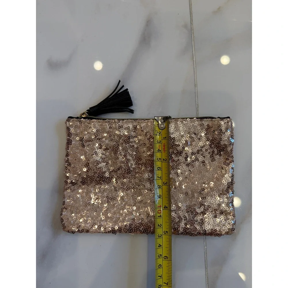 Ipsy‎ Gold Sequin Black Faux Leather Tassel Makeup Bag Set of 2 Cosmetic Pouches